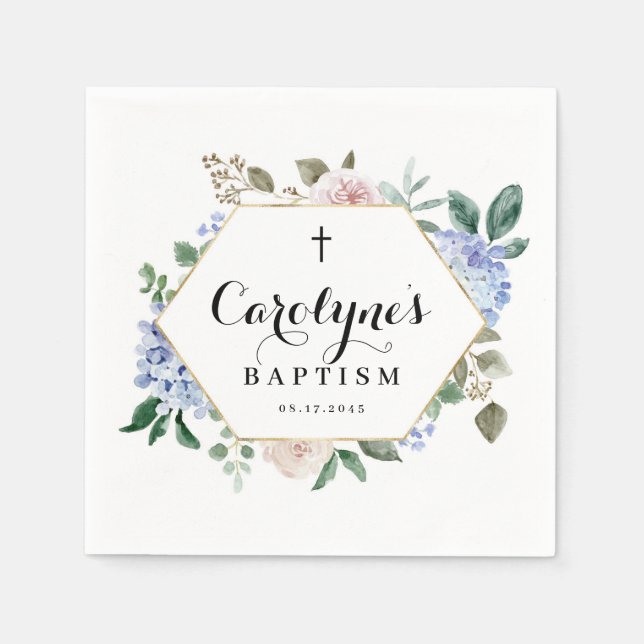 Blue Hydrangeas and Roses Floral Frame Baptism Napkins (Front)