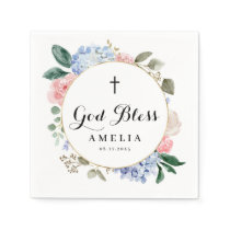 Blue Hydrangeas and Roses God Bless Baptism Napkins