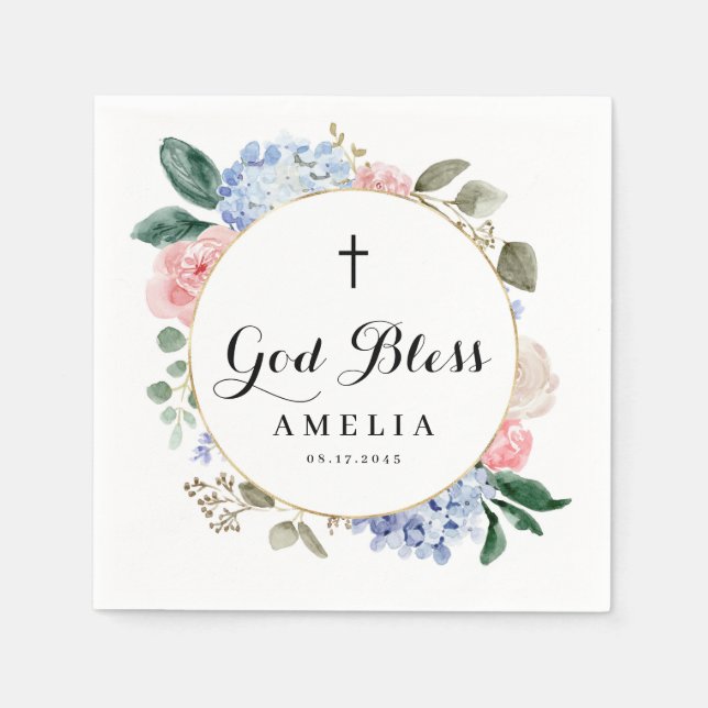 Blue Hydrangeas and Roses God Bless Baptism Napkins (Front)