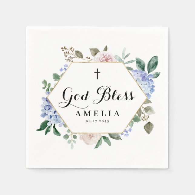 Blue Hydrangeas and Roses God Bless Floral Frame Napkins (Front)