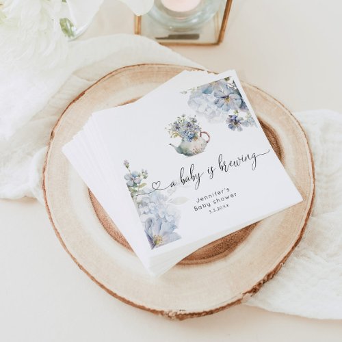 Blue Hydrangeas baby is brewing baby shower Napkins