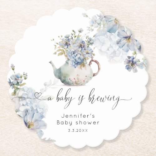 Blue Hydrangeas baby is brewing baby shower Paper Coaster