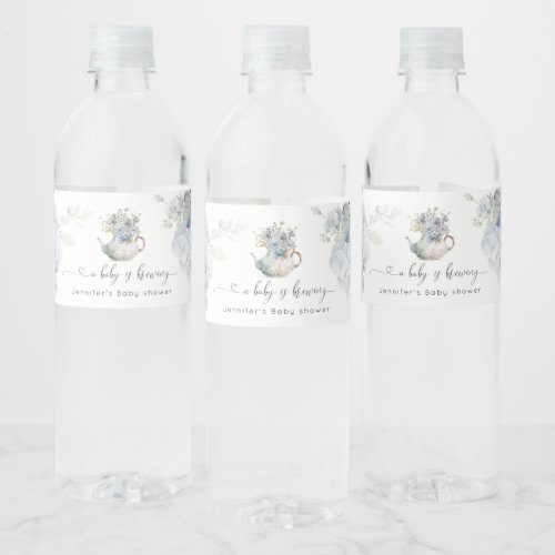 Blue Hydrangeas baby is brewing baby shower Water Bottle Label