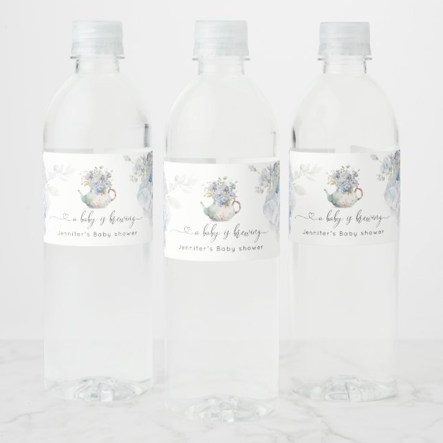 Blue Hydrangeas baby is brewing baby shower Water Bottle Label (Bottles)