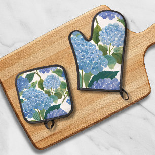 Blue Hydrangeas   Beautiful Floral Bush Oven Mitt & Pot Holder Set