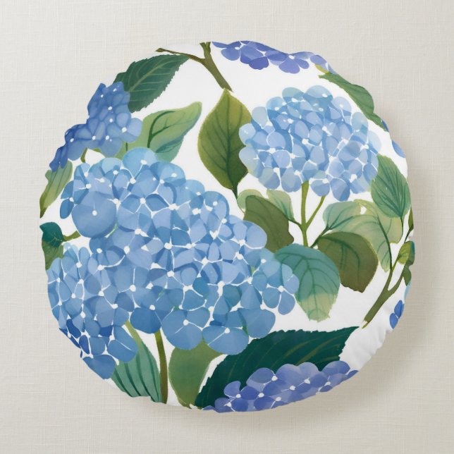 Blue Hydrangeas | Beautiful Floral Bush Round Pillow (Front)