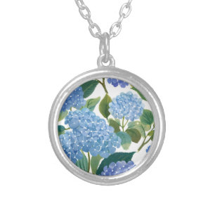 Blue Hydrangeas Beautiful Floral Bush Silver Plated Necklace