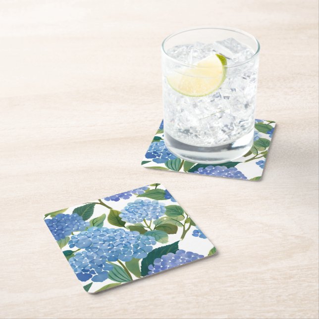 Blue Hydrangeas | Beautiful Floral Bush Square Paper Coaster (Insitu)