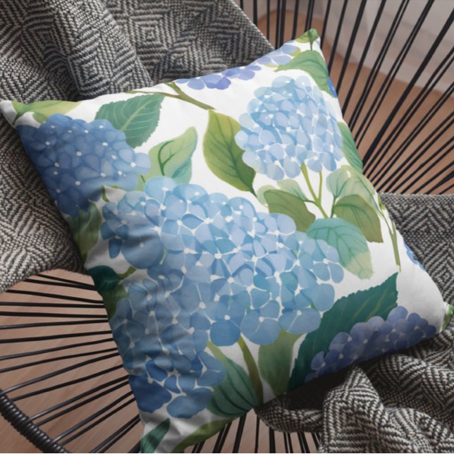Blue Hydrangeas | Beautiful Floral Bush Throw Pillow (Creator Uploaded)