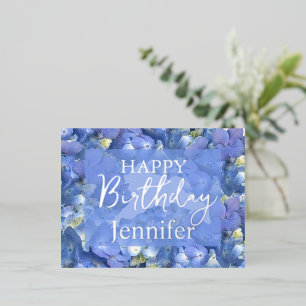 Blue Hydrangeas Blooms Happy Birthday Custom Name  Foil Holiday Postcard