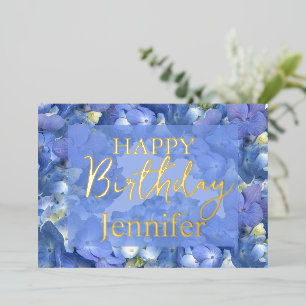 Blue Hydrangeas Blooms Happy Birthday  Foil Holiday Card