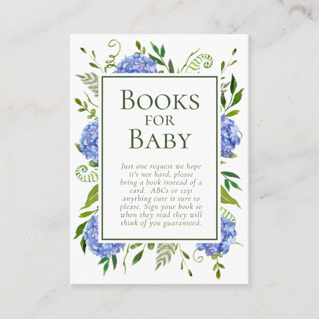 Blue Hydrangeas Boy Baby Shower Books for Baby Enclosure Card (Front)