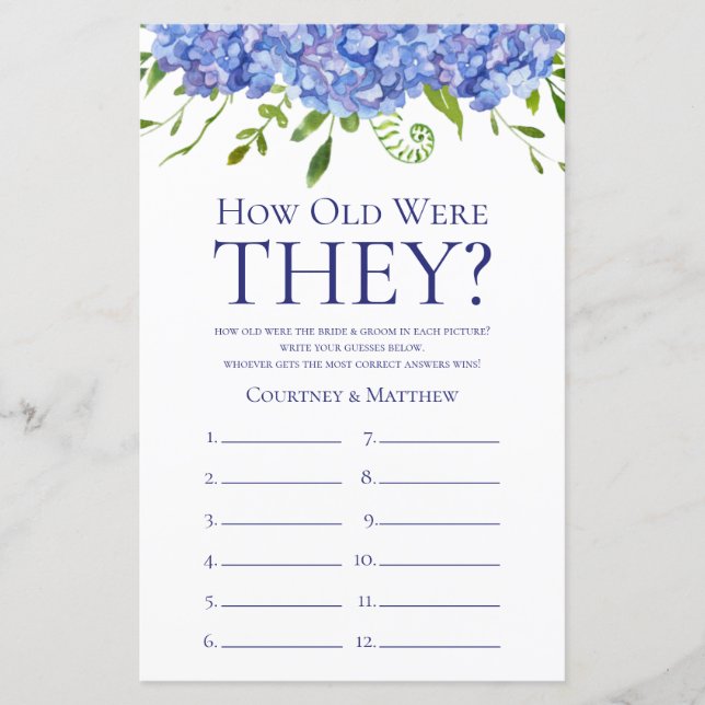 Blue Hydrangeas Bridal Shower Game (Front)
