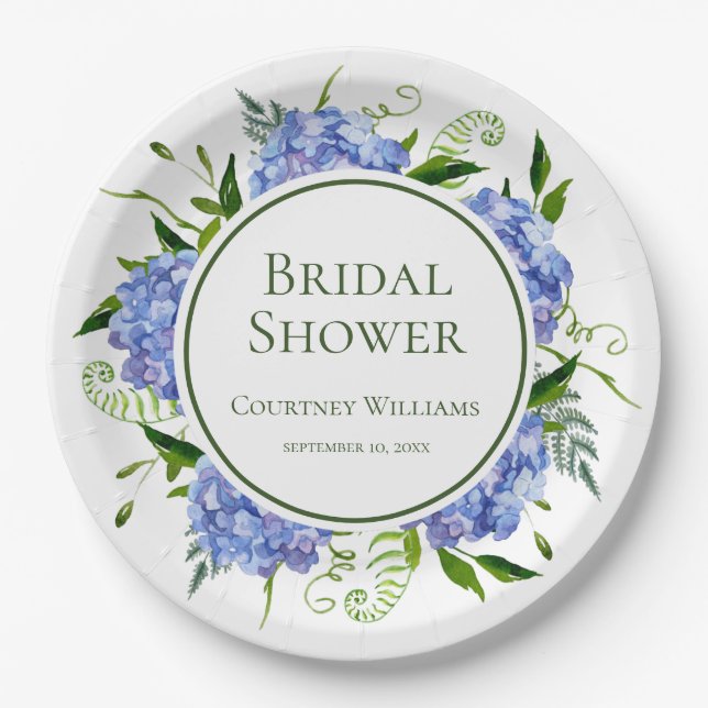 Blue Hydrangeas Bridal Shower Paper Plates (Front)