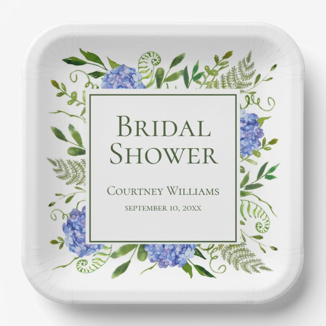 Blue Hydrangeas Bridal Shower Paper Plates (Front)