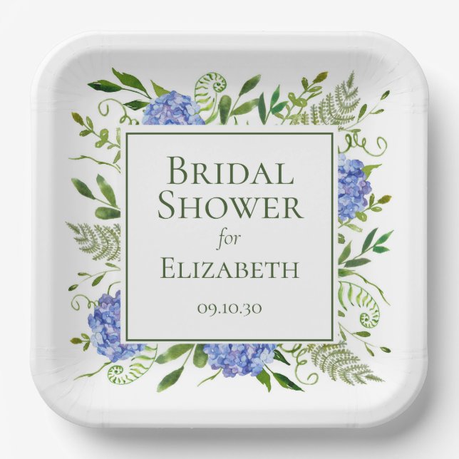 Blue Hydrangeas Bridal Shower Paper Plates (Front)
