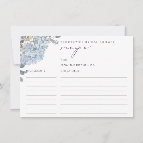 Blue Hydrangeas Bridal Shower Recipe Card