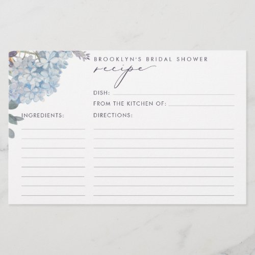 Blue Hydrangeas Bridal Shower Recipe Cards