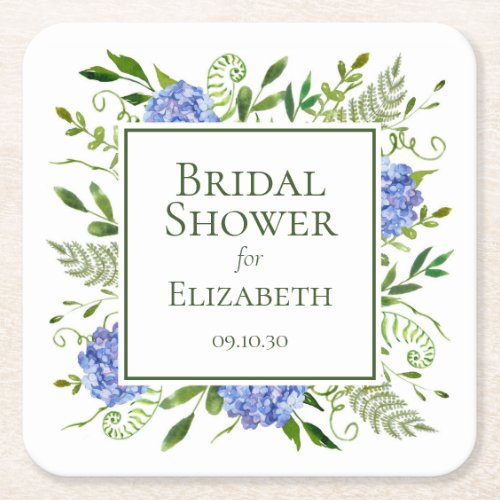 Blue Hydrangeas Bridal Shower Square Paper Coaster