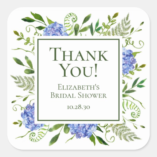 Blue Hydrangeas Bridal Shower Thank You Square Sticker (Front)