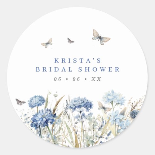 Blue Hydrangeas  Butterflies Bridal Shower Classic Round Sticker