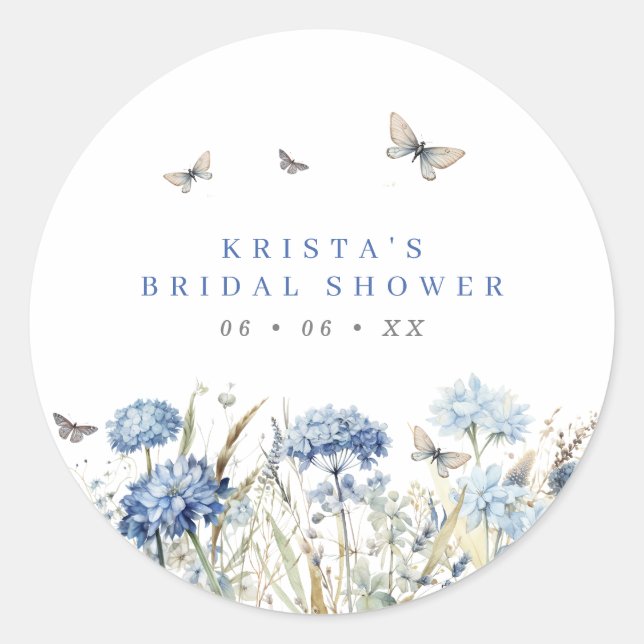 Blue Hydrangeas & Butterflies Bridal Shower Classic Round Sticker (Front)