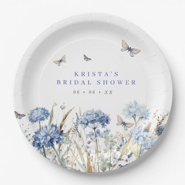 Blue Hydrangeas & Butterflies Bridal Shower Paper Plates (Front)