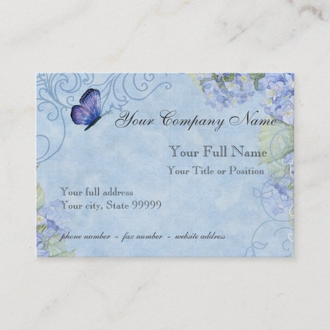 Blue Hydrangeas, Butterfly & Swirl Modern Floral Business Card (Front)