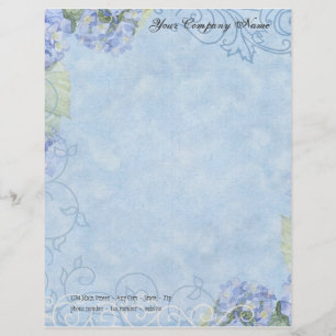 Blue Hydrangeas, Butterfly & Swirl Modern Floral Letterhead