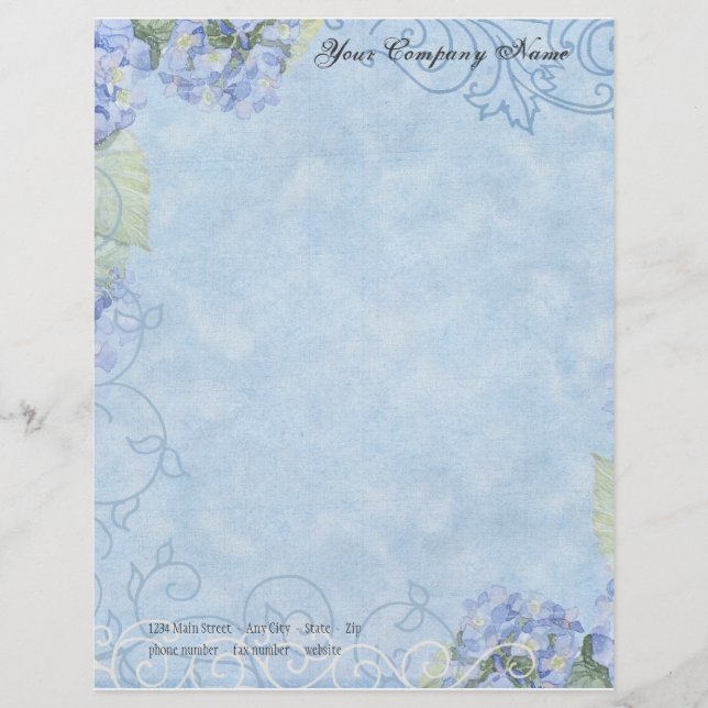Blue Hydrangeas, Butterfly & Swirl Modern Floral Letterhead (Front)