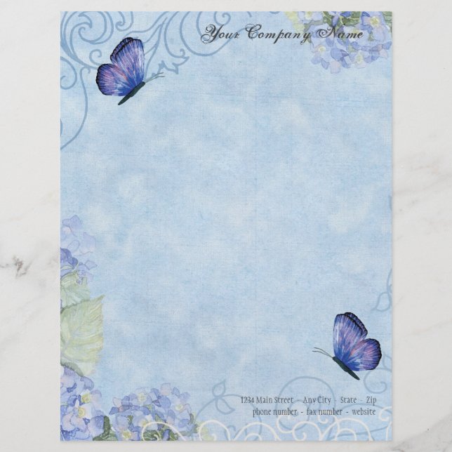 Blue Hydrangeas, Butterfly & Swirl Modern Floral Letterhead (Front)