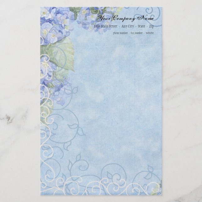 Blue Hydrangeas, Butterfly & Swirl Modern Floral Stationery (Front)