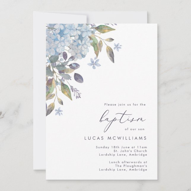Blue Hydrangeas Calligraphy Baptism Invitation (Front)