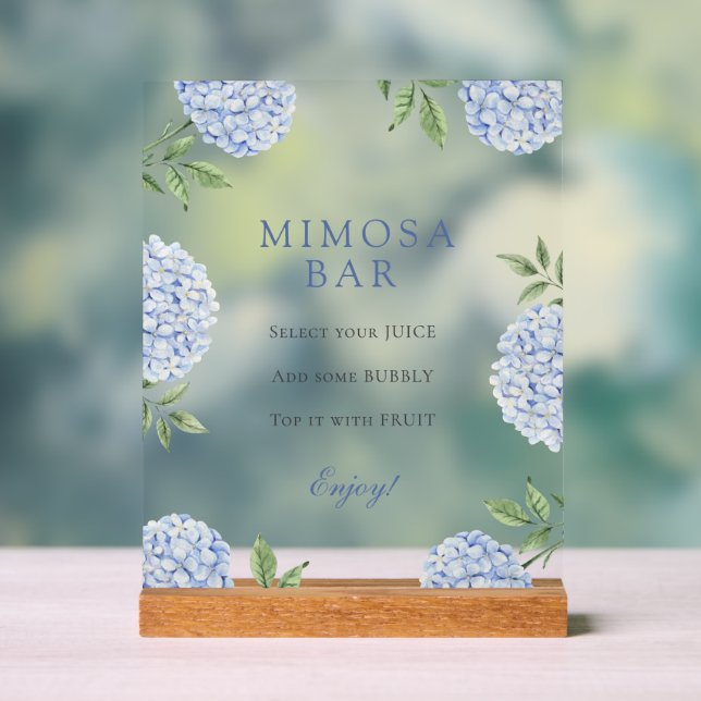 Blue Hydrangeas Classic Border Mimosa Bar Acrylic Sign (Neutral)