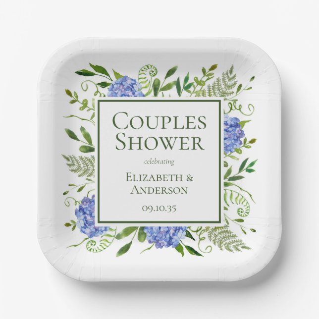 Blue Hydrangeas Couples Shower Paper Plates (Front)