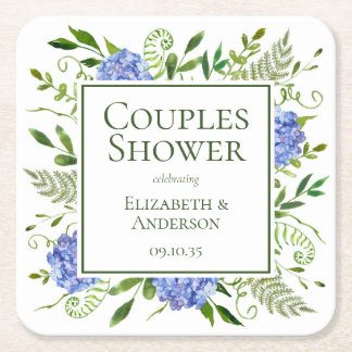 Blue Hydrangeas Couples Shower Square Paper Coaster
