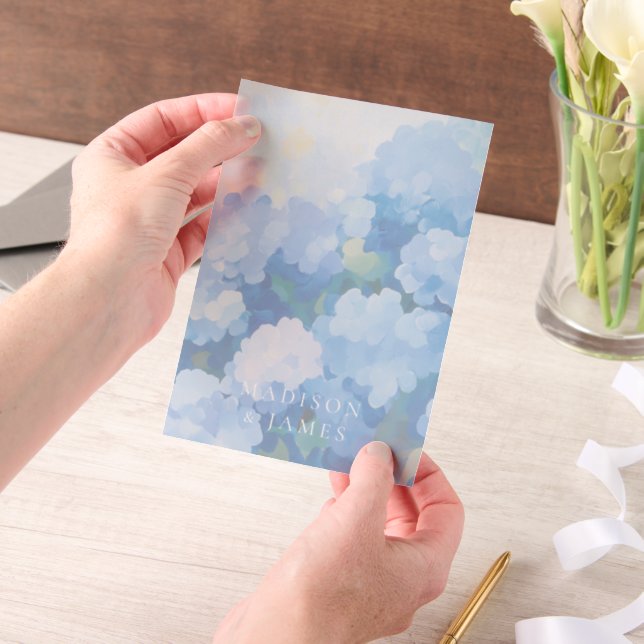 Blue Hydrangeas Custom Names Wedding Overlay Vellum Invitations (Handheld)