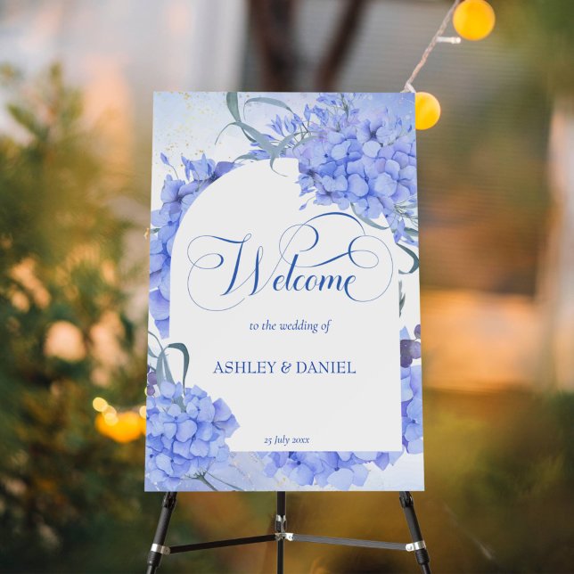 Blue hydrangeas elegant wedding welcome sign (Dusty blue hydrangea wedding welcome sign board modern arch)