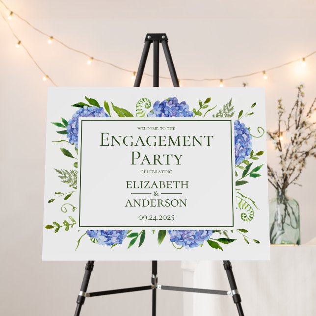 Blue Hydrangeas Engagement Party Welcome Foam Board (In Situ (Stand))