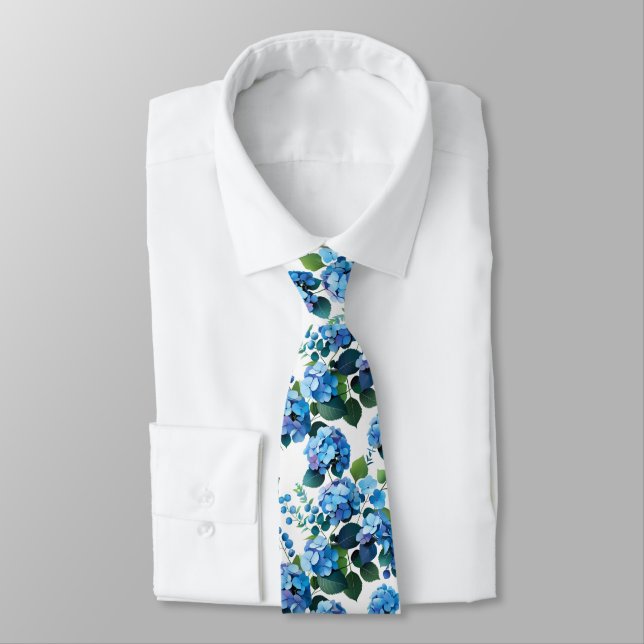 Blue Hydrangeas & Eucalyptus Seamless Floral Patte Neck Tie (Tied)