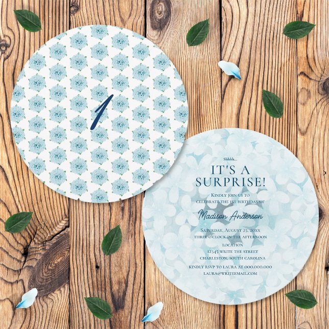 Blue Hydrangeas First 1st Surprise Birthday Party Invitation (Front and Back)