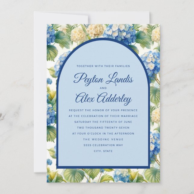 Blue Hydrangeas Floral Arch Wedding Invitation (Front)
