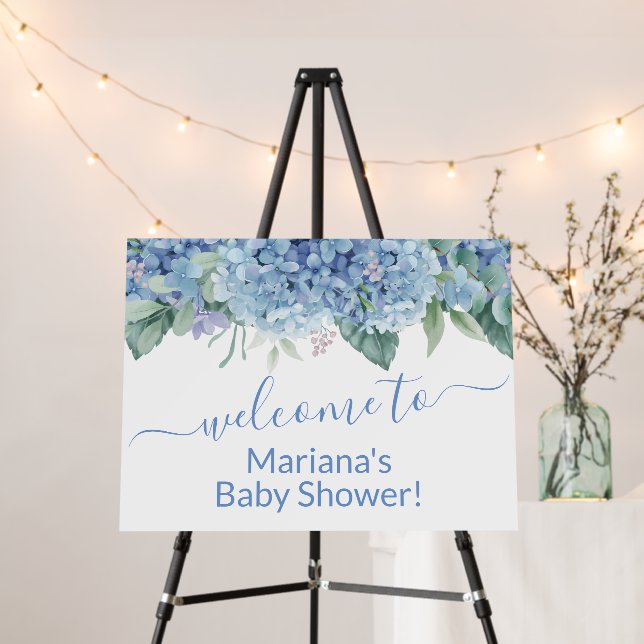 Blue Hydrangeas Floral Baby Shower Welcome Foam Board (In Situ (Stand))