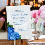 Blue Hydrangeas Floral Birthday Invitation<br><div class="desc">Blue hydrangea birthday party invitation template.  Bright blue flowers decorate the bottom corner of this floral graphic invitation.  Printed black text with blue party title in script.  Large flowers create a textured appearance behind the text and on the back of the cards.</div>