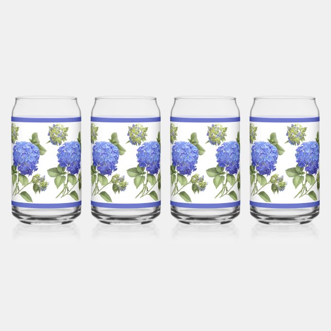 Blue Hydrangeas Floral Botanical Art Can Glass (Front)