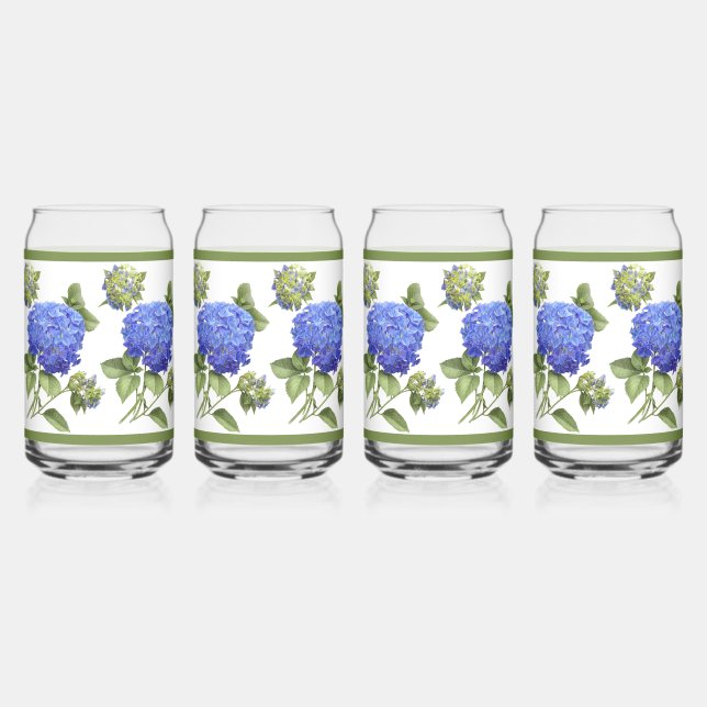 Blue Hydrangeas Floral Botanical Art Can Glass (Front)