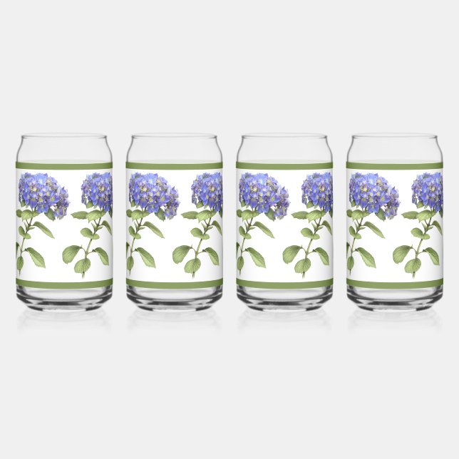 Blue Hydrangeas Floral Botanical Art Can Glass (Front)
