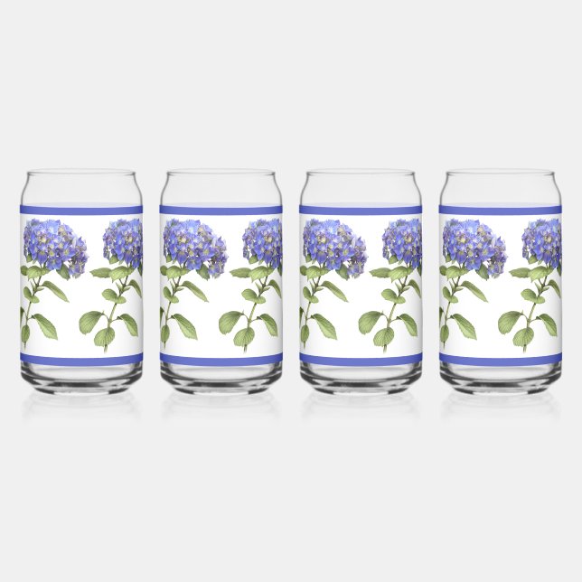 Blue Hydrangeas Floral Botanical Art Can Glass (Front)