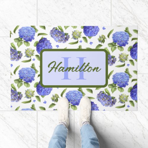 Blue Hydrangeas Floral Botanical Monogram Doormat