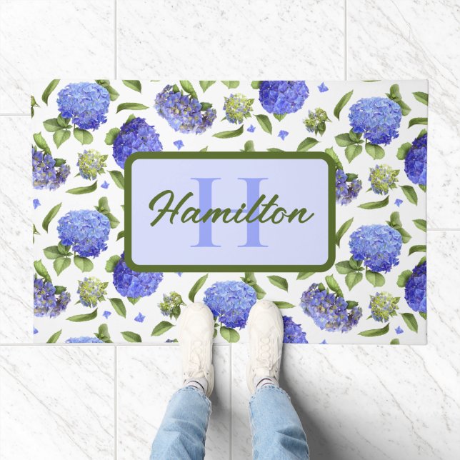 Blue Hydrangeas Floral Botanical Monogram Doormat (Indoor)